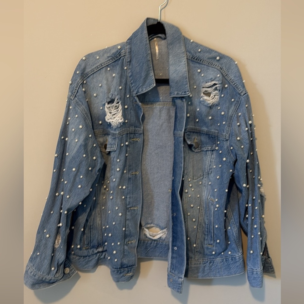 Free People Pearl Embellished Denim Jacket